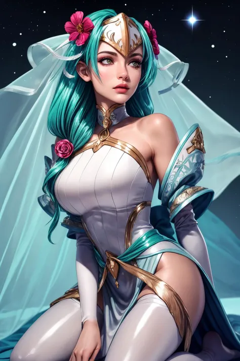 (ultra realistic,32k,RAW photo:1.1),(high detailed skin:1.1), 8k uhd, dslr, high quality, film grain, (makeup, mascara:1.1), lips,(thick\lips\),
(shiny glossy translucent clothing:1.1), <lora:sigrunV1:0.7>wed_sigrun, wed_sigrun, flower, veil, bride, white dress,hair flower, bridal veil, bare shoulders, strapless, detached collar, feather trim, <lora:add_detail:0.81>,
Kneeling with one hand reaching out,
(busty:1.1) , (chubby:0.1),(soft shaded:1.2),<lora:LowRA:0.4>, dark theme, astral citadel, ethereal fortress, guardian spirits, protecting cosmic balance