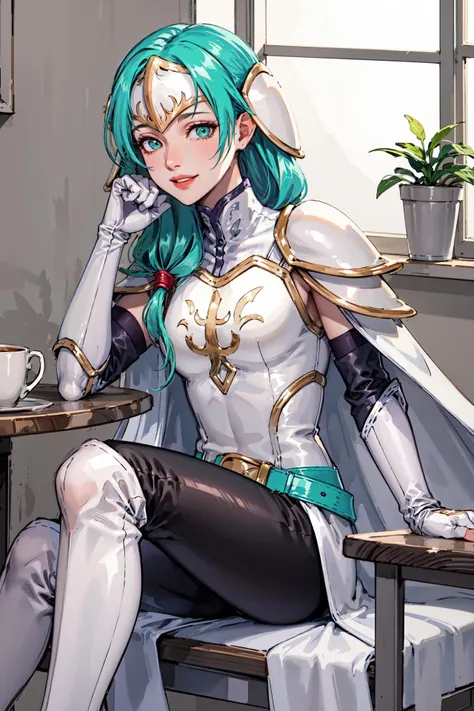 drinking a coffee,coffee cup, sitting on chair,table,<lora:sigrunV1:0.8>,def_sigrun, headband,side slit, armor, black pants,white thigh boots,cape, breastplate, belt, gloves,fingerless gloves, dress, shoulder armor, white footwear, elbow gloves,smile, white cape, knee boots, arm guards, lips, white gloves, turtleneck, indoors,(masterpiece, best quality, ultra-detailed, best shadow) ,