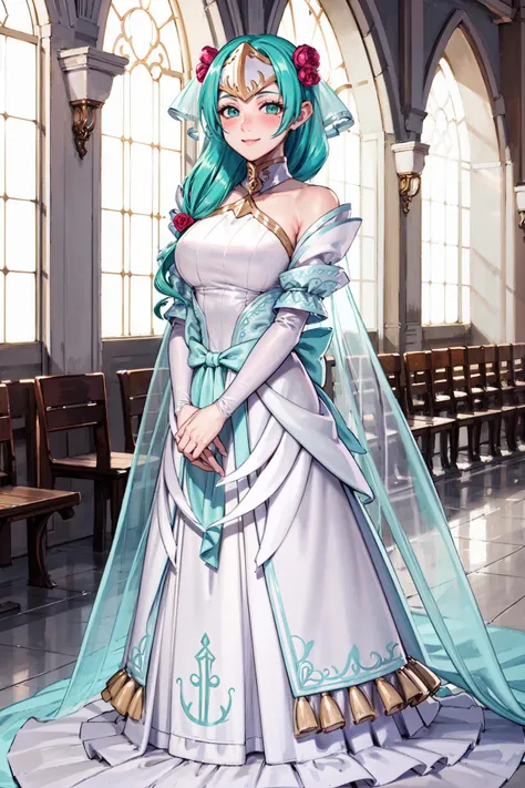 full body,,<lora:sigrunV1:0.8>,wed_sigrun, wedding ,flower, veil, bride, white dress,hair flower, bridal veil, bare shoulders, smile, strapless, detached collar, feather trim,looking at viewer,blush,indoors,chapel, (masterpiece, best quality, ultra-detailed, best shadow)