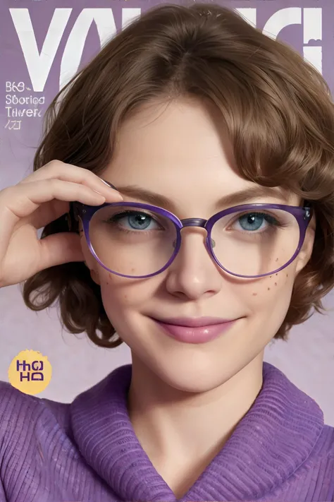 <lora:90smagazinecover:1.00>, <lora:bzl:0.8>, bzl_test on a magazine cover, curly brown bob haircut, (grey|blue) eyes, glasses, purple sweater, (freckles:0.4), closed smile, simple background || skin, hair, clothing, magazine cover, masterpiece, 8k, high resolution, shallow depth of field, sharp focus