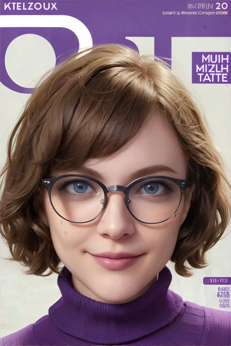 <lora:90smagazinecover:1.00>, <lora:bzl:0.8>, bzl_test on a magazine cover, curly brown bob haircut, (grey|blue) eyes, glasses, purple sweater, (freckles:0.4), closed smile, simple background || skin, hair, clothing, magazine cover, masterpiece, 8k, high resolution, shallow depth of field, sharp focus