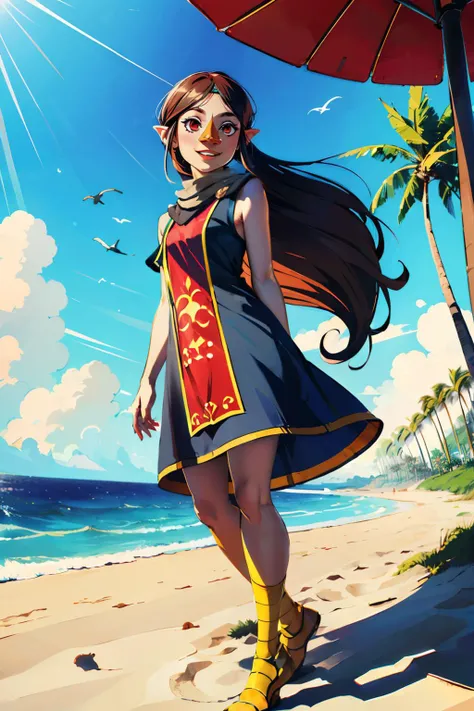 medli, furry, bird beak, long brown hair, dress, red colored iris, looking at viewer, happy, smiling,
standing, beach, blue sky, palm tree, extreme detail,hdr, masterpiece, beautiful quality, <lora:medli_v1-10:.8>