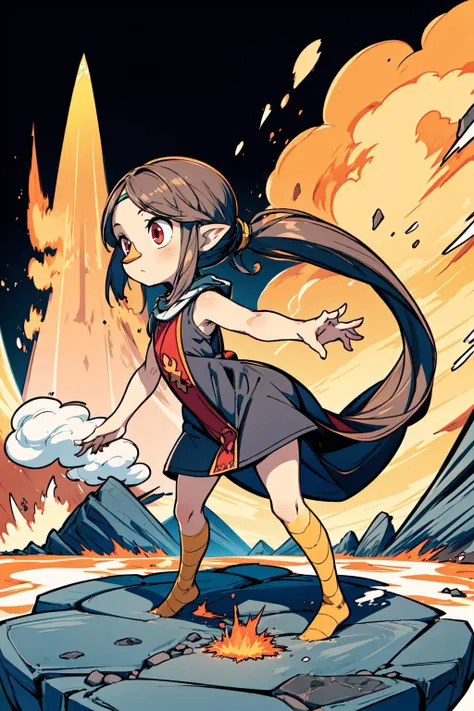 1girl, small girl, solo, <lora:medli_v1:0.7> medli, black dress, beak, ponytail, flat chest, dynamic pose, volcanic island, smoke, geyser, rocks, lava, <lora:add_detail:0.7>, <lora:tachi-e:1>, white background, full body,