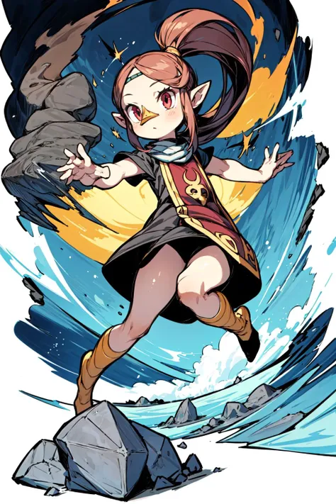 1girl, girl, solo, <lora:medli_v1:0.7> medli, black dress, beak, ponytail, flat chest, dynamic pose, volcanic island, smoke, geyser, rocks, lava, <lora:add_detail:0.7>, <lora:tachi-e:1>, white background, full body,
