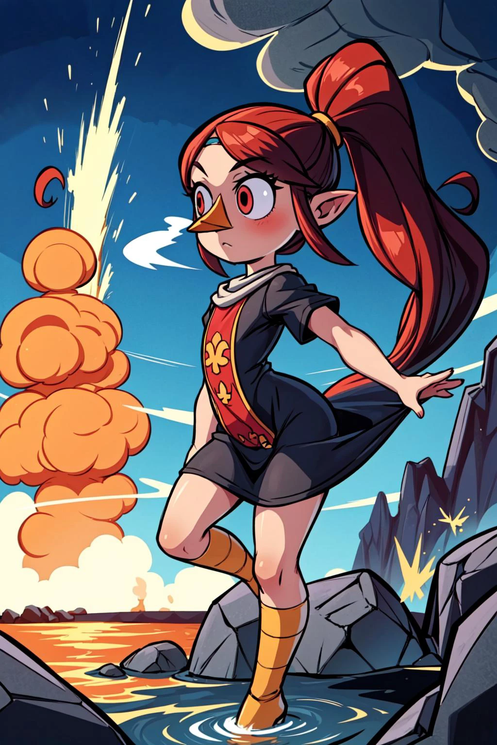 1girl, small girl, solo, <lora:medli_v1:0.7> medli, black dress, beak, ponytail, flat chest, dynamic pose, volcanic island, smoke, geyser, rocks, lava, <lora:add_detail:0.7>,