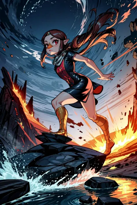 1girl, girl, solo, <lora:medli_v1:0.7> medli, black dress, beak, dynamic pose, volcanic island, smoke, geyser, rocks, lava, <lora:add_detail:0.7>,
