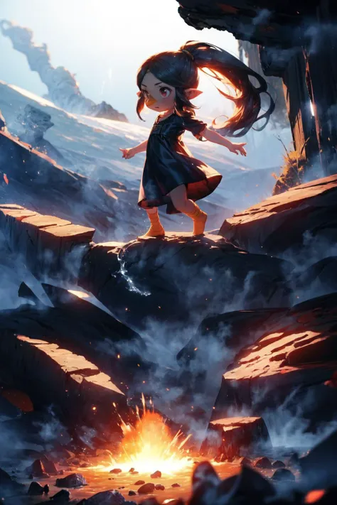 1girl, small girl, solo, <lora:medli_v1:0.7> medli, black dress, beak, ponytail, flat chest, dynamic pose, volcanic island, smoke, geyser, rocks, lava, <lora:add_detail:0.7>,