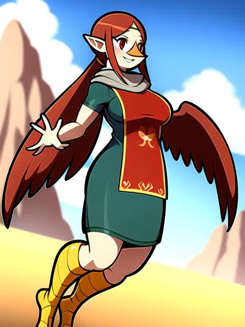 2d,1girl ,anime, reddish skin, dynamic view, full body, (beautiful detailed eyes),((best quality)), ((highly detailed)), masterpiece, bird beak nose, best quality, absurdres, medli, medli, dress, mountain background, large breasts, smiling, harpy, bird feet, clawed feet <lora:harpy:0.8> <lora:medli_v1:0.8>