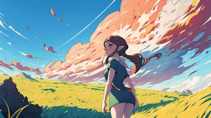 ((masterpiece,best quality)),absurdres,<lora:medli_v1-10:0.7>,medli,adult,solo,solo focus,clouds,grass field,1girl,cowboy shot,
