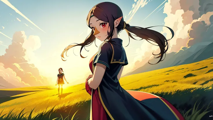 ((masterpiece,best quality)),absurdres,<lora:medli_v1-10:0.7>,medli,adult,solo,solo focus,clouds,grass field,1girl,cowboy shot,