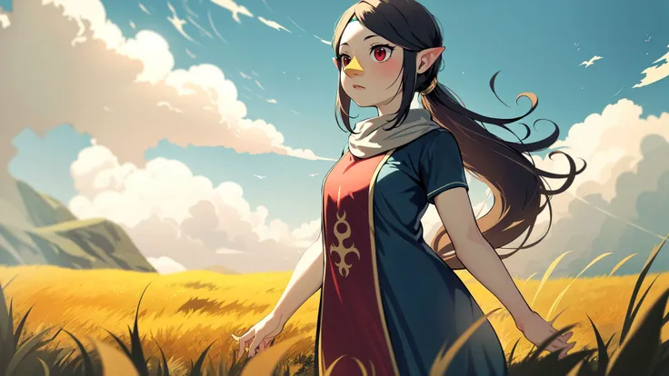 ((masterpiece,best quality)),absurdres,<lora:medli_v1-10:0.7>,medli,adult,solo,solo focus,clouds,grass field,1girl,cowboy shot,