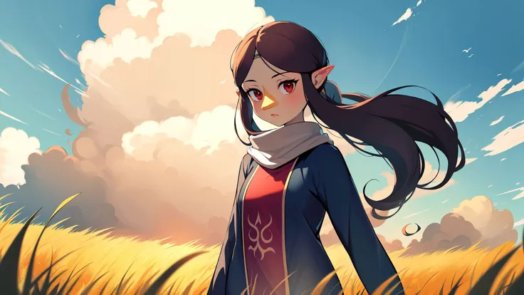 ((masterpiece,best quality)),absurdres,<lora:medli_v1-10:0.7>,medli,adult,solo,solo focus,clouds,grass field,1girl,cowboy shot,