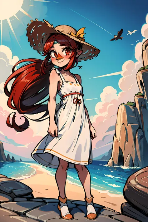 <lora:medli_v1:0.7>, medli, 1boy, bird, looking at viewer, red hair, solo focus, sfw, shy, smile, blushing, rocky beach, sea, brown rocks, standing, mature, adult, ((white sundress, sun hat,))