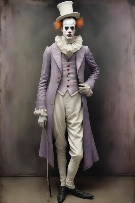 <lora:Santiago Caruso Style:1>Santiago Caruso Style - Full body portrait of an Edwardian clown with a white painted face wearing a long flowing lavender overcoat with large lapels
