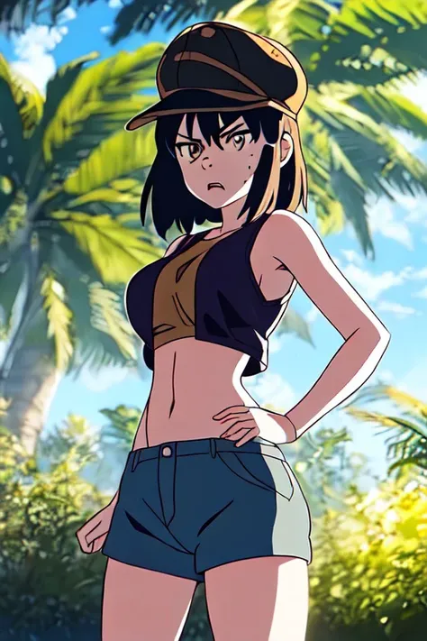 (best quality, masterpiece1.2), (detailed eye:1.2), intricate detail, 1girl, crop top, cap, shorts, jungle sun, tired, angry, standing, shinkai-art, makoto shinkai, boobs, freckles