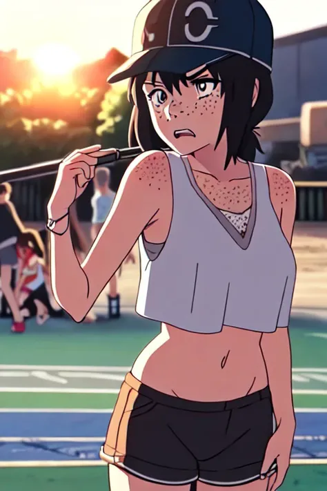 (best quality, masterpiece1.2), (detailed eye:1.2), intricate detail, 1girl, crop top, cap, shorts, playground sun, tired, angry, standing, shinkai-art, makoto shinkai, boobs, freckles