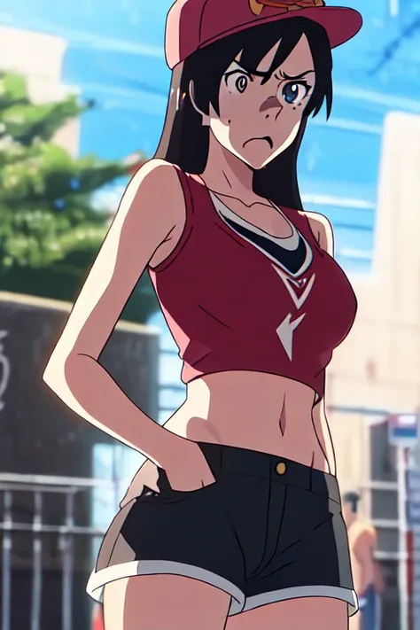 (best quality, masterpiece1.2), (detailed eye:1.2), intricate detail, 1girl, crop top, cap, shorts, subway sun, tired, angry, standing, shinkai-art, makoto shinkai, boobs, freckles