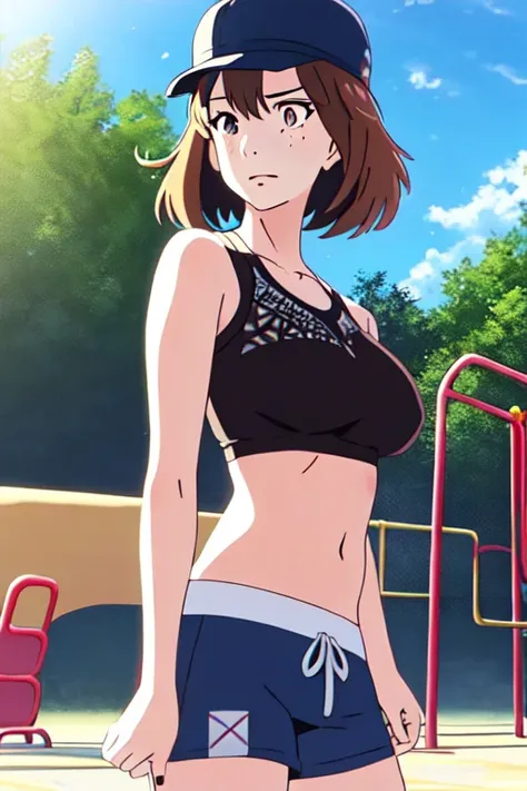 (best quality, masterpiece1.2), (detailed eye:1.2), intricate detail, 1girl, crop top, cap, shorts, playground sun, tired, standing, shinkai-art, makoto shinkai, boobs, freckles