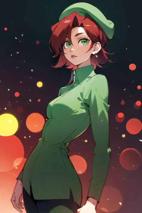 photorealistic, (4k), depth of field, (Masterpiece), (realistic skin texture), extremely detailed, intricate, hyper detailed, high resolution, professional photography, bokeh, depth of field, sharp detail, best quality, looking at viewer, 1girl, solo, <lora:akari_koumoto:0.74>, akari_koumoto, red hair, green eyes, short hair, leggings, beret, The Kingdom of the Unicorn, 8k resolution