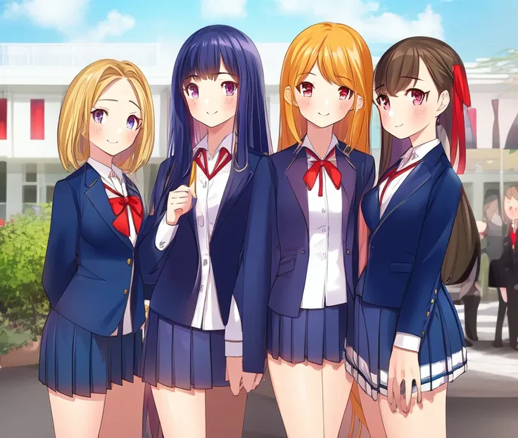 4girls, hair, eyes, outdoors, blue blazer uniform, red ribbon, pleated skirt, (streets:0.8), smile, looking at viewer, (thighs:.6)