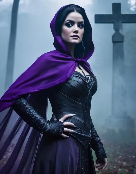 <lora:lcyhl-000006:1>, waist up photo of lcyhl , dressed as Liliana Vess, action pose, in a graveyard, mist, at night, darkly lit, wearing a purple shawl over her shoulders