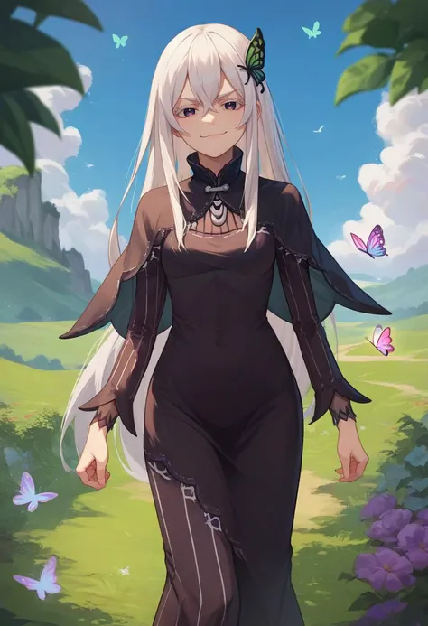 score_9, score_8_up, score_7_up, source_anime, solo, 1girl, rzechidna, smug, looking at viewer, standing, butterfly hair ornament, black dress, long sleeves, black capelet, outdoors, scenery <lora:rezero_echidna_ponyXL:1>