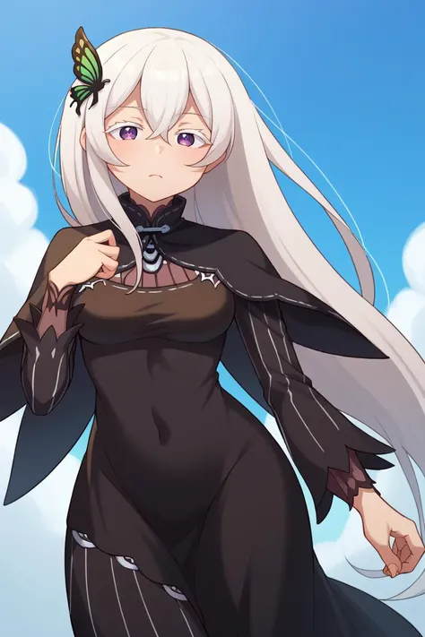A sophisticated woman in a black dress, The dress has an iron cross as a detail., Black Bunny Tiara, Red eyes, Long white hair, smile, Big Breasts, In the park at night, Blue light effect, Building in the background, Stars in the sky, High resolution, Super Resolution, Very detailed, masterpiece, super high quality, 4k hd.