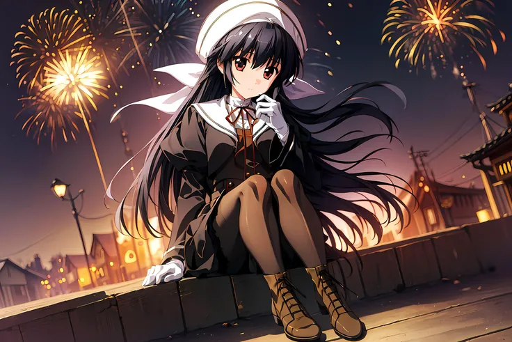 ((masterpiece)),best quality,extremely detailed,(1girl),(((solo))),(black pantyhose:1.3),full body,sitting,(amamiya yuko),otowa uniform,rooftop,(ultra-wide angle),preoccupied,detailed background,<lora:yuko_v35:0.9>,japanese town,colorful,white glove,night,(fireworks),firework background,
