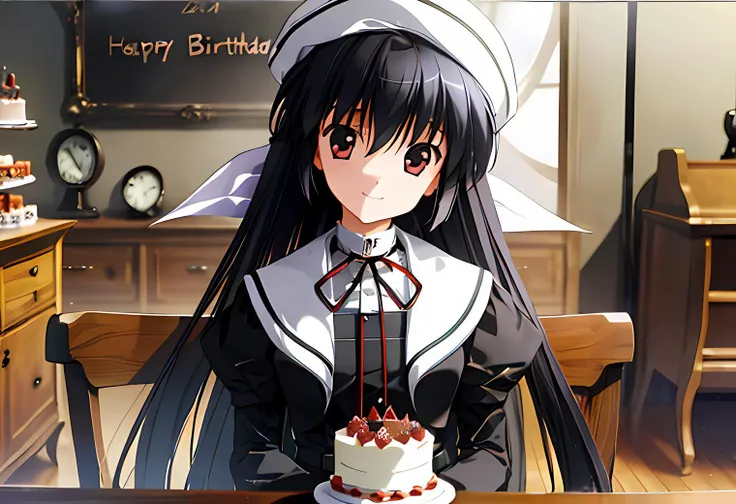 ((masterpiece)),best quality,extremely detailed,1girl,(solo),(amamiya yuko),(otowa uniform),looking at viewer,indoors,smile,birthday cake,<lora:yuko_v27:0.9>,((happy birthday banner)),behind table,sitting,holding cake,black dress,full body,white wall with colorful flags,happy birthday on cake,
