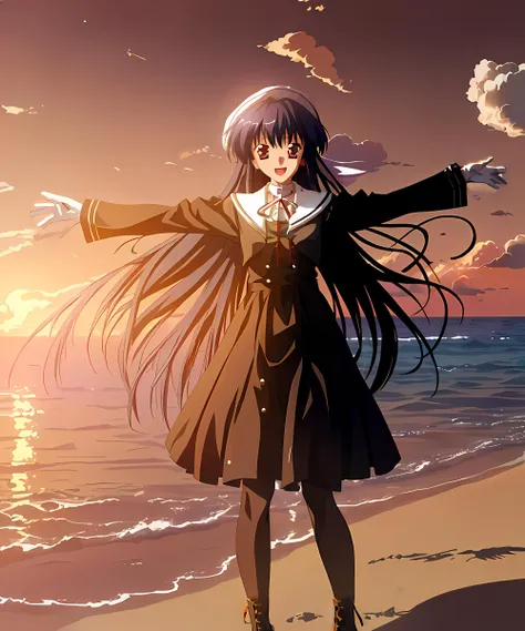 ((masterpiece)),(best quality),1girl,Amamiya Yuko,Otowa uniform,scenery,sky,cloud,seaside,sunset,backlighting,full body,detailed lighting,detailed face,<lora:amamiya_yuko_otowa_v1.0:0.9>,looking at viewer,extremely detailed,open arms,[[laughing]],stand on sand,pantyhose,smile,boots,white gloves,