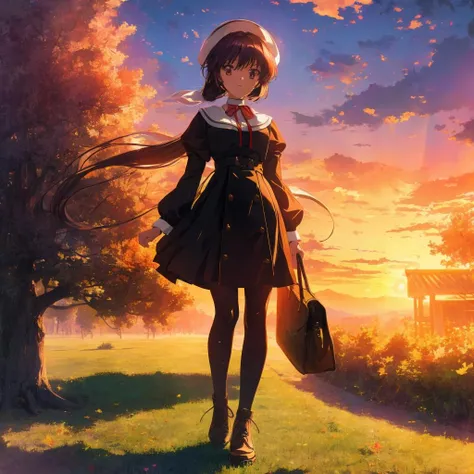 masterpiece,best quality,extremely detailed,1girl,full body,colorful tree,sunset,sky,cloud,complex background,amamiyayuko,otowaform,<lora:yuko_s26:0.9>,