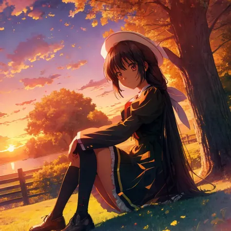 masterpiece,best quality,extremely detailed,1girl,sitting,full body,colorful tree,sunset,sky,cloud,complex background,amamiyayuko,otowaform,<lora:yuko_s26:0.9>,