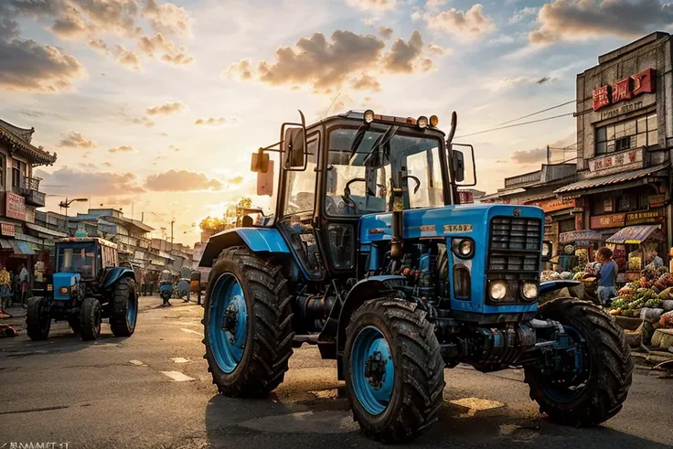 photo RAW,(a tractor parked on A bustling Asian street food market,sunset,  <lora:mtz82v2:0.65>,(hdr),vivid colors,), masterpiece, award winning photography, natural light, perfect composition, high detail, hyper realistic, realistic, detailed, balanced, by Trey Ratcliff, Klaus Herrmann, Serge Ramelli, Jimmy McIntyre, Elia Locardi