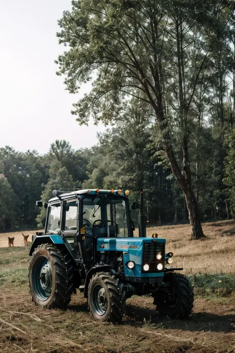 photo RAW,(mtz82, a green tractor parking on A serene forest scene with a deer grazing in the distance <lora:mtz82:0.65>,Realistic, realism, hd, 35mm photograph, 8k), masterpiece, award winning photography, natural light, perfect composition, high detail, hyper realistic, dusty atmospheric haze, high quality textures of materials, volumetric textures, coating textures, metal textures
