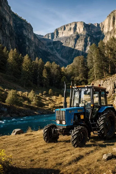 photo RAW,(mtz82, a luxory premium golden and black colored tractor parking on A mountain scene with a spectacular view of a deep gorge carved by a river <lora:mtz82:0.65>,Realistic, realism, hd, 35mm photograph, 8k), masterpiece, award winning photography, natural light, perfect composition, high detail, hyper realistic, dusty atmospheric haze, high quality textures of materials, volumetric textures, coating textures, metal textures