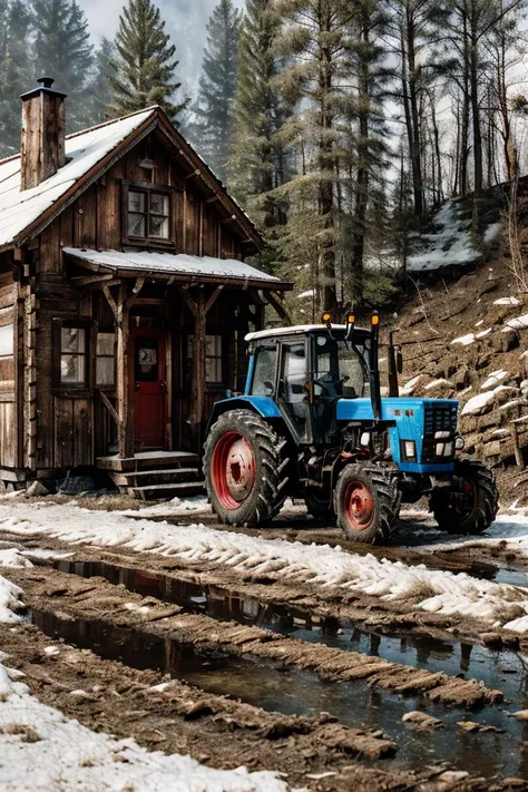 photo RAW,(mtz82, a red tractor parking on A rustic wooden cabin nestled in a snowy mountain forest <lora:mtz82:0.65>,Realistic, realism, hd, 35mm photograph, 8k), masterpiece, award winning photography, natural light, perfect composition, high detail, hyper realistic, dusty atmospheric haze, high quality textures of materials, volumetric textures, coating textures, metal textures