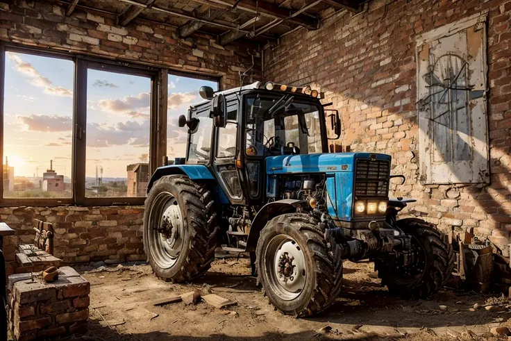 photo RAW,(a tractor parked on A bohemian loft with exposed brick and eclectic furnishings,sunset, <lora:mtz82v2:0.65>,(hdr),vivid colors,), masterpiece, award winning photography, natural light, perfect composition, high detail, hyper realistic, realistic, detailed, balanced, by Trey Ratcliff, Klaus Herrmann, Serge Ramelli, Jimmy McIntyre, Elia Locardi