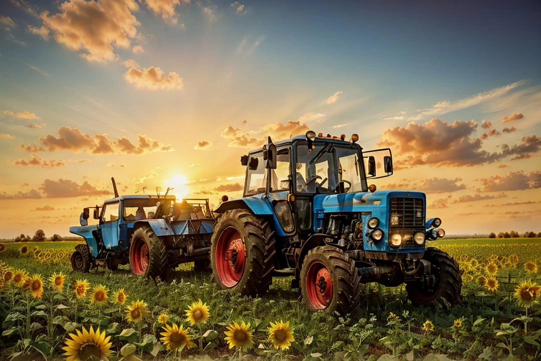 photo RAW,(a tractor parked on A brightly painted bohemian caravan in a field of sunflowers,sunset, <lora:mtz82v2:0.65>,(hdr),vivid colors,), masterpiece, award winning photography, natural light, perfect composition, high detail, hyper realistic, realistic, detailed, balanced, by Trey Ratcliff, Klaus Herrmann, Serge Ramelli, Jimmy McIntyre, Elia Locardi