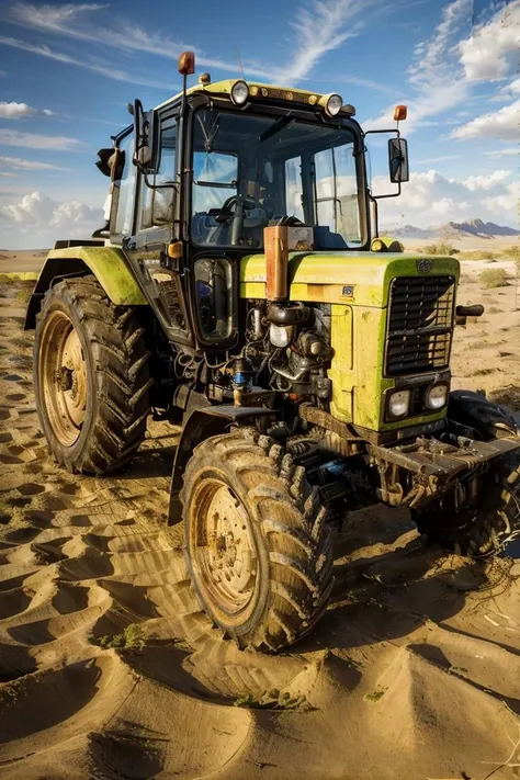 photo RAW,((wide-angle 17mm),a lime tractor parked on sand desert,  <lora:mtz82v2:0.65>,vivid colors,), masterpiece, award winning photography, natural light, perfect composition, high detail, hyper realistic, realistic, detailed, balanced, by Trey Ratcliff, Klaus Herrmann, Serge Ramelli, Jimmy McIntyre, Elia Locardi