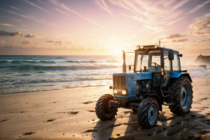 photo RAW,(a tractor parked on A beach with crystalline waves crashing onto the sandy shore,sunset, <lora:mtz82v2:0.65>,(hdr),vivid colors,), masterpiece, award winning photography, natural light, perfect composition, high detail, hyper realistic, realistic, detailed, balanced, by Trey Ratcliff, Klaus Herrmann, Serge Ramelli, Jimmy McIntyre, Elia Locardi