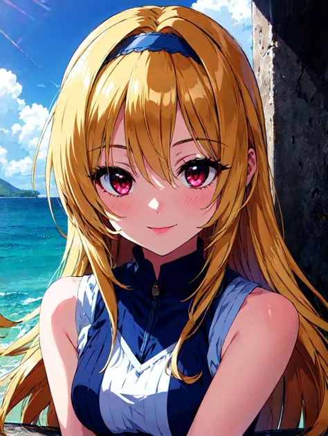 <lyco:CGKurosakiChitose:0.8> (cgkc), masterpiece, best quality, 1girl, solo, red eyes, seducive smile, hairband, blonde hair, very long hair, bangs, eyes visible through hair, (white dress), sleeveless, outdoors, blue sky, ocean, looking at viewer,