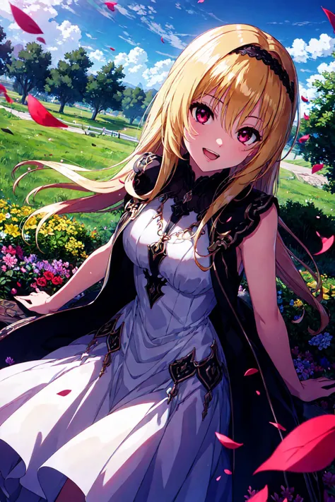 <lyco:CGKurosakiChitose:0.8> (cgkc), absurdres, highres, (official art, beautiful and aesthetic:1.2), ultra detail, close view, aerial, beautiful person, grassland, sky, wind effects, flower effects, (white dress:1.2), 1girl, solo, red eyes, hairband, blonde hair, very long hair, bangs, eyes visible through hair,sleeveless, looking at viewer, smile, open mouth, fangs, falling petals,
