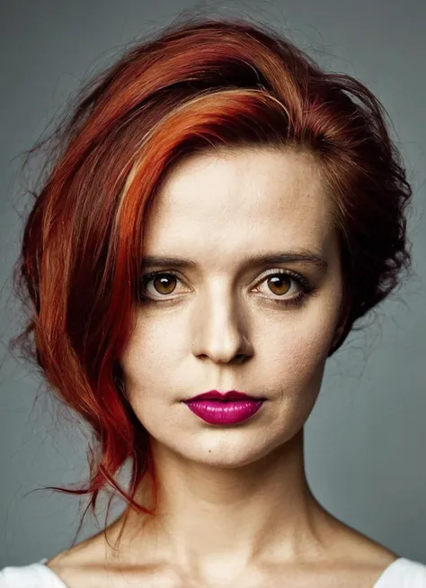 portrait of sks woman by Flora Borsi, style by Flora Borsi, bold, bright colours, orange Mohawk haircut, ((Flora Borsi)), <lora:locon_klaudia_v1_from_v1_64_32:1.3>