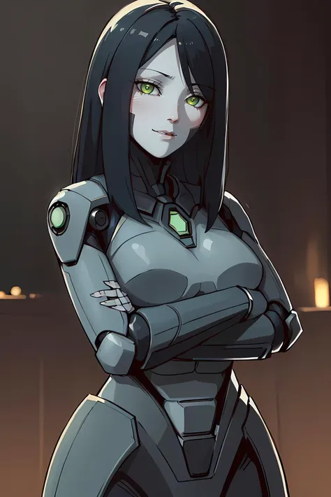 (dark shot:1.4), 80mm, (Masterpiece, Best Quality, Highres:1.4) (original) , (very detailed wallpaper) , very detailed illustrations, portrait, <lora:necrontyan:0.52> 1lady, tattoo, crossed her arms over her chest, solo, black hair, green eyes, robot joints, grey skin,  smile, android, glowing robot body,, soft light, sharp, exposure blend, medium shot, bokeh, (hdr:1.4), high contrast, (cinematic, teal and orange:0.85), (muted colors, dim colors, soothing tones:1.3), low saturation, (hyperdetailed:1.2), (noir:0.4), (intricate details:0.9), (hdr, hyperdetailed:1.2)