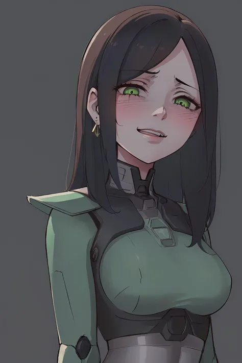 (dark shot:1.4), 80mm, (Masterpiece, Best Quality, Highres:1.4) (original) , (very detailed wallpaper) , very detailed illustrations, <lora:necrontyan:0.5> 1lady, solo, black hair, green eyes, grey skin, smile, (android), (robot body), disgusted face, 1open mouth, earrings,looking at viewer, blush, upper body, portrait, <lora:disgusted:0.9>, soft light, sharp, exposure blend, medium shot, bokeh, (hdr:1.4), high contrast, (cinematic, teal and orange:0.85), (muted colors, dim colors, soothing tones:1.3), low saturation, (hyperdetailed:1.2), (noir:0.4)
