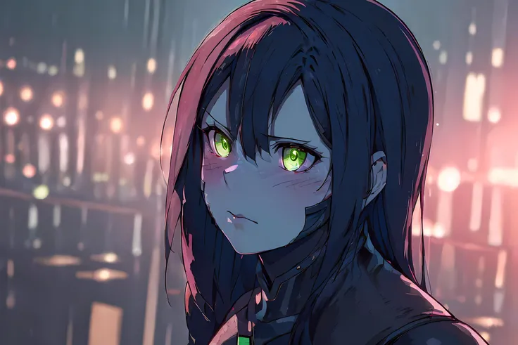 (Masterpiece, Best Quality, Highres:1.4) (original) , (very detailed wallpaper) , very detailed illustrations, <lora:necrontyan-15:0.5> 1lady, solo, black hair, green eyes, grey skin, android, robot body, you look lonely scene, (best quality:1.1), (masterpiece:1.2), (absurdres:1.0), portrait, upperbody, 1girl, night, bladerunner 2049 (blush:1.2), upset, sad, beaten up face, bandages, broken nose bandage, <lora:blade runner 2049 you look lonely scene:0.7>