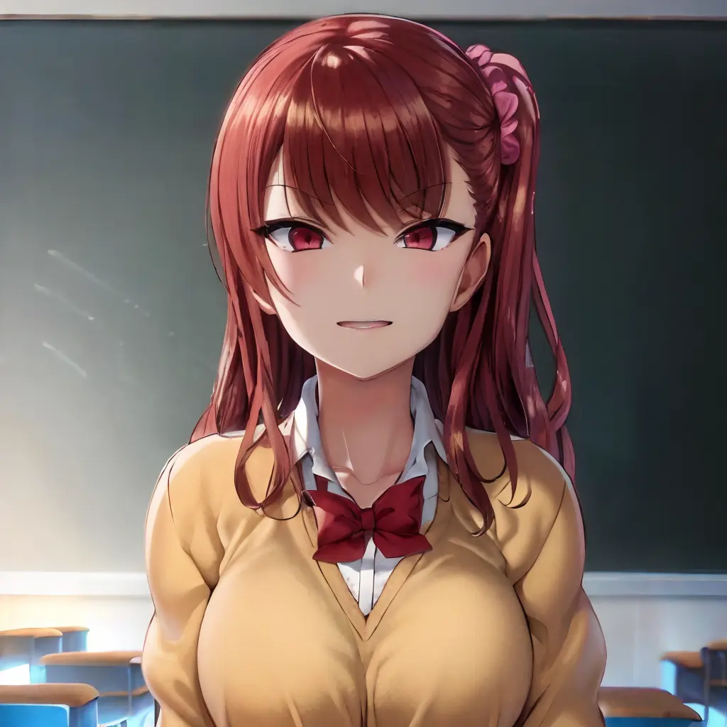 nogami_izumi, <lora:nogami_izumiv1:0.7>, school uniform, red eyes, hair scrunchie, classroom, masterpiece, best quality
