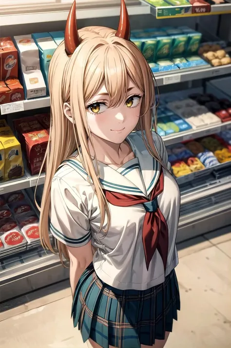 (masterpiece, best quality, detailed), 1girl, solo, looking at viewer, <lora:Power:0.7> long hair, blonde hair, red horns, yellow eyes, school uniform, serafuku, short sleeves, indoors, convenience store, shop, arms behind back, pleated skirt, plaid skirt, plaid, miniskirt, from above, neckerchief, light smile, closed mouth