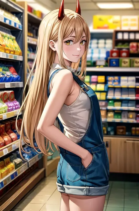 (masterpiece, best quality, detailed), 1girl, solo, looking at viewer, <lora:Power:0.7> long hair, blonde hair, red horns, yellow eyes, overalls, overall shorts, bare shoulders, red shirt, indoors, convenience store, shop, from side, hands in pockets, light smile, closed mouth