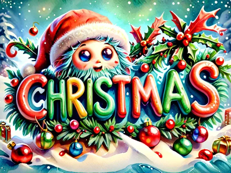 Watercolor painting "christmas" text logo, <lora:Harrlogos_v2.0:1> <lora:ral-chrcrts-sdxl:1> ral-chrcrts <lora:BetterTextRedmond:1>, <lora:LCM_LoRA_Weights:0.7> . Vibrant, beautiful, painterly, detailed, textural, artistic